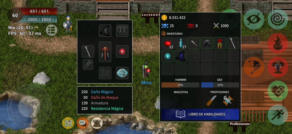 Eternum Online - Jugabilidad de Eternum Online que muestra el equipo del inventario del personaje y las estadísticas de supervivencia