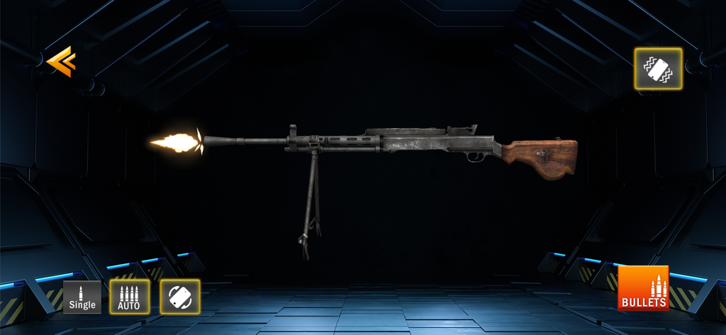 Gun Simulator: Shake to Shoot - Ametralladora realista disparando con efecto de destello de cañón en una aplicación de simulación táctica.