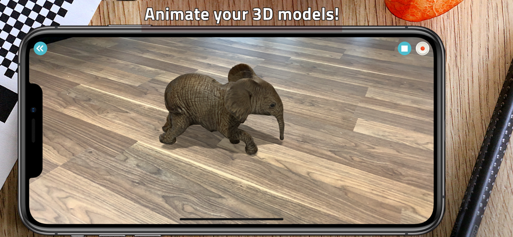 An augmented reality view of a 3D scanned elephant model animated on a wooden floor using the Qlone app.
