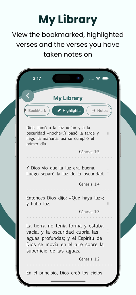 Teléfono inteligente mostrando la pantalla Mi Biblioteca de la app Biblia NTV con una lista de versículos resaltados en español del libro de Génesis.