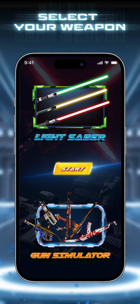 Mobile app screen for selecting between lightsaber and gun simulator modes with various weapon skins