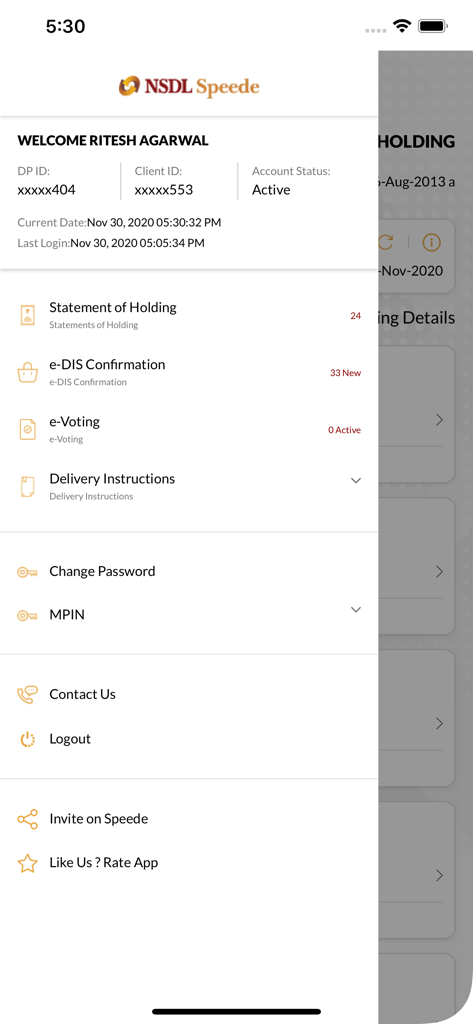 Navigation menu of the NSDL Speede app displaying account options and investment holdings