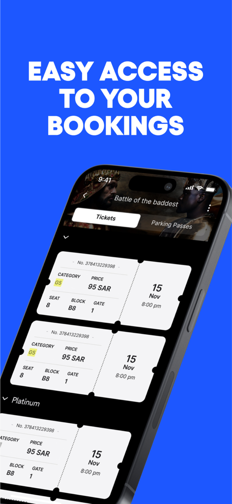 Interfaccia dell'app Webook che mostra i biglietti degli eventi e i dettagli della prenotazione