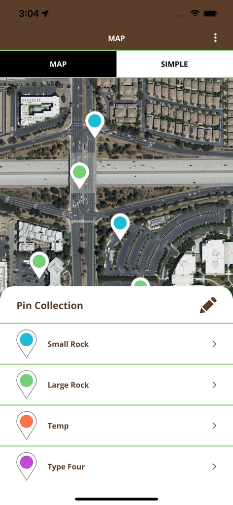 Pinpoint Perfect - Satellite map view in the Pinpoint Perfect app with colored location pins and a labeled pin collection list.
