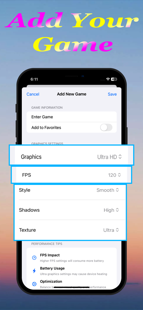 Gfx Tool app screen for adding a game and setting graphics options like 120 FPS and Ultra HD