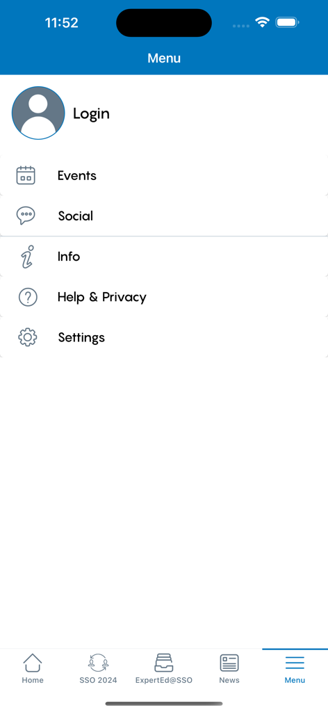 SSO Mobile - Menu screen of the SSO Mobile app showing navigation options for events social and settings