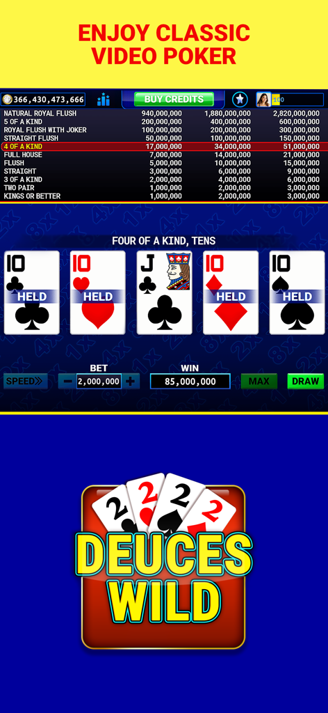 Multi-Play Video Poker ™ - Un écran de gameplay mobile de Multi-Play Video Poker montrant une main gagnante de quatre cartes identiques et le logo du jeu Deuces Wild.