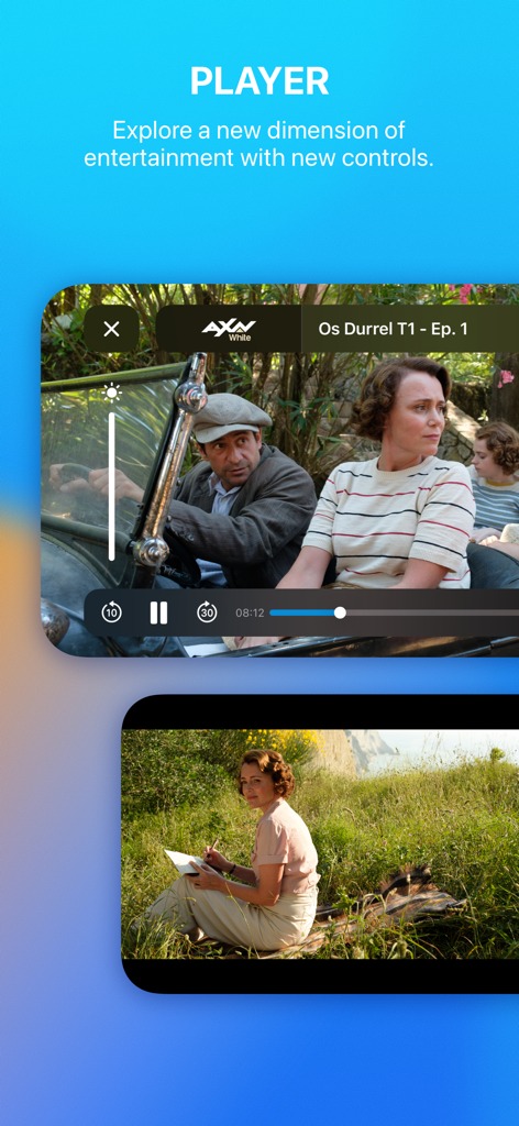 Interfaz del reproductor de video de la aplicación móvil MEO Go con controles de reproducción y brillo
