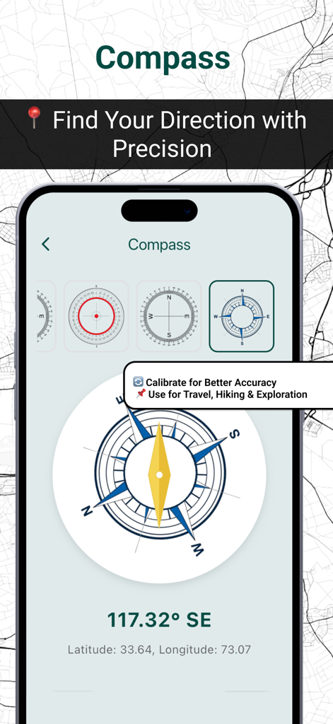 Live GPS Land Area Calculator - Interfaz de brújula digital que muestra coordenadas GPS y precisión direccional en una pantalla de aplicación móvil.