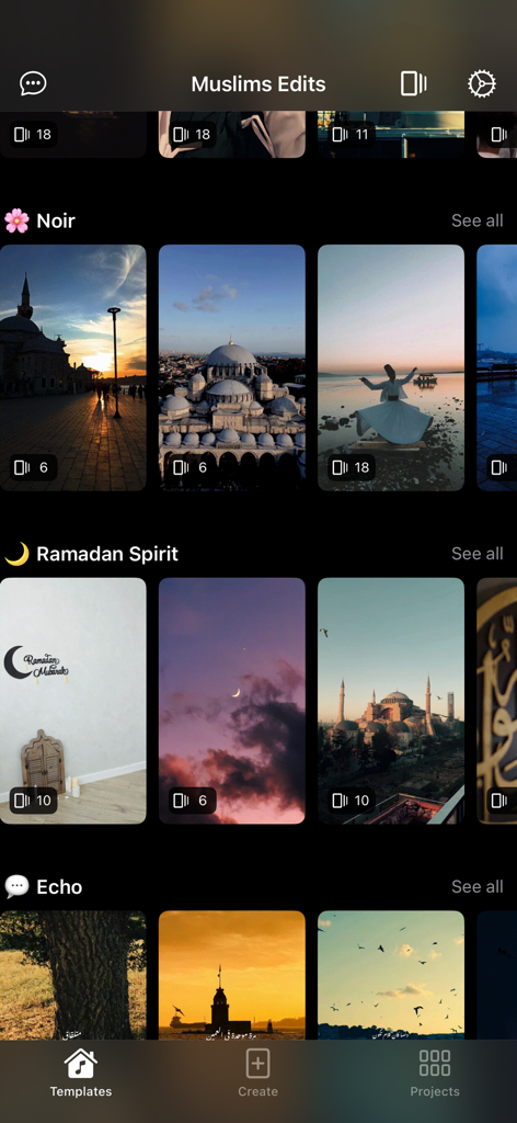 Muslim Video Templates & Maker - Interface of the Muslim Video Templates and Maker app displaying various aesthetic Islamic video templates