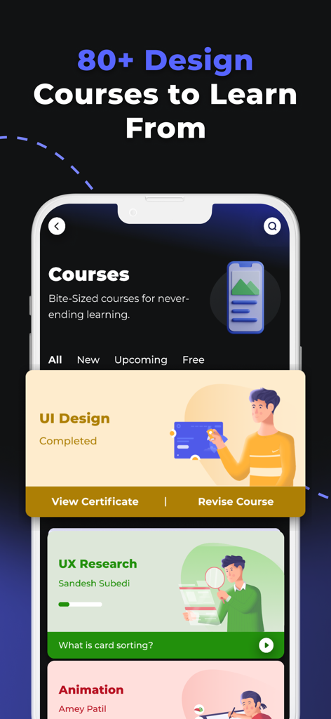 ProApp: Online Design Courses - ProApp mobile screen showing a catalog of design courses including UI Design UX Research and Animation