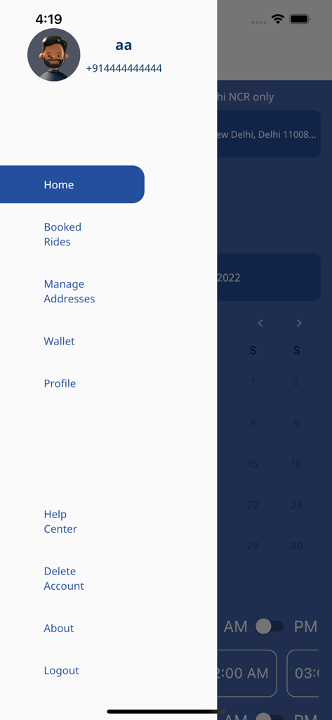 Zeta Cars 모바일 앱의 사이드 네비게이션 메뉴, 예약된 차량, 주소 관리 및 계정 설정 옵션 표시.