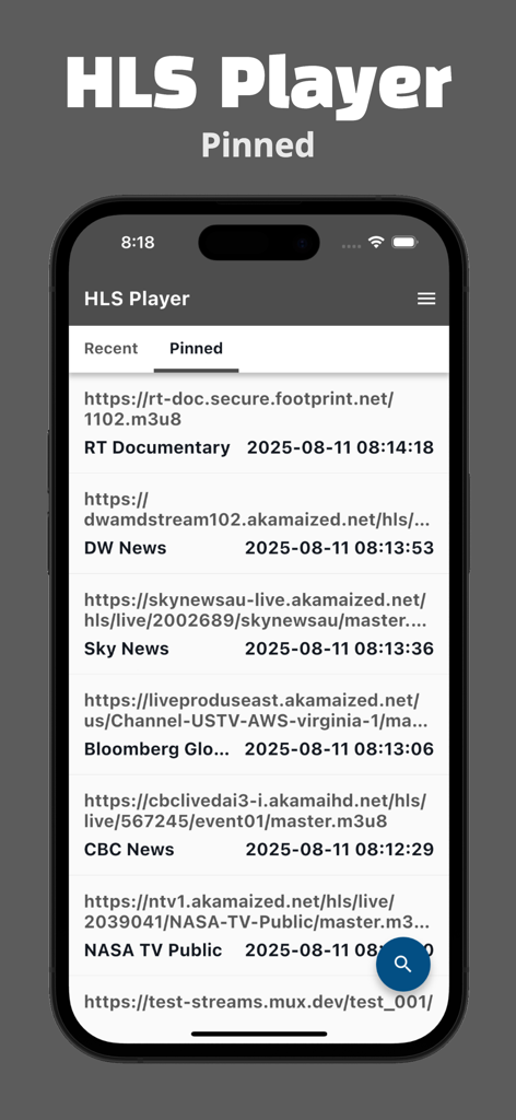 HLS Player - M3U8 Streamer - Captura de pantalla de la aplicación HLS Player que muestra una lista de enlaces de transmisión M3U8 fijados para varios canales de noticias.