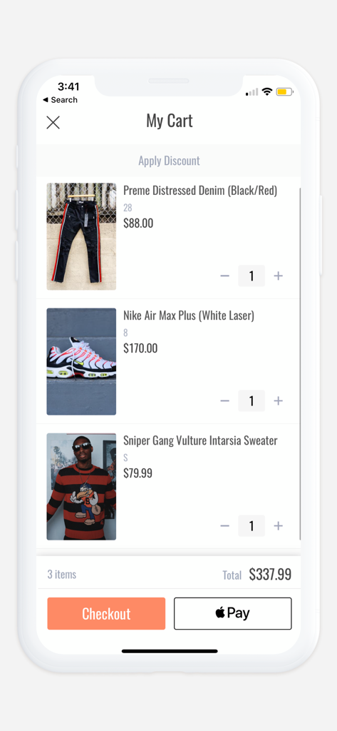 SNEAKER TOWN - Mobile app screen showing the shopping cart in Sneaker Town with items like Nike Air Max Plus and streetwear apparel ready for checkout.