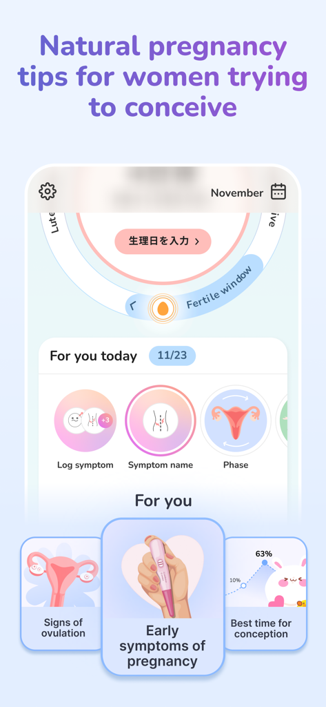 Moonly app interface displaying a fertility window tracker and pregnancy advice for women trying to conceive.