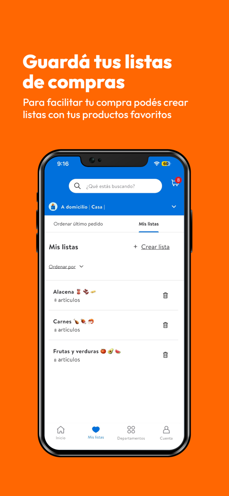Masxmenos - Screenshot of the Masxmenos app showing saved grocery shopping lists for pantry meats and produce