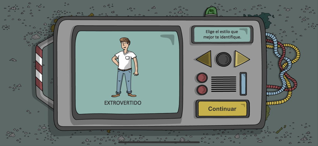 Nawaiam - Interfaz de la aplicación Nawaiam mostrando una pantalla de selección de personalidad gamificada con un avatar de personaje extrovertido.