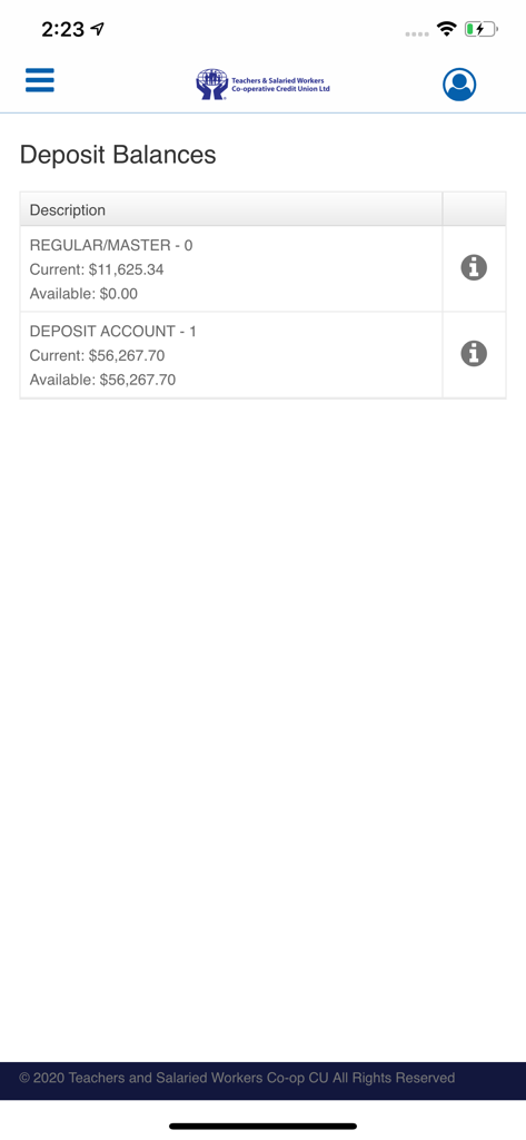 TSWCCUL mobile app screen showing deposit balances for regular and savings accounts.