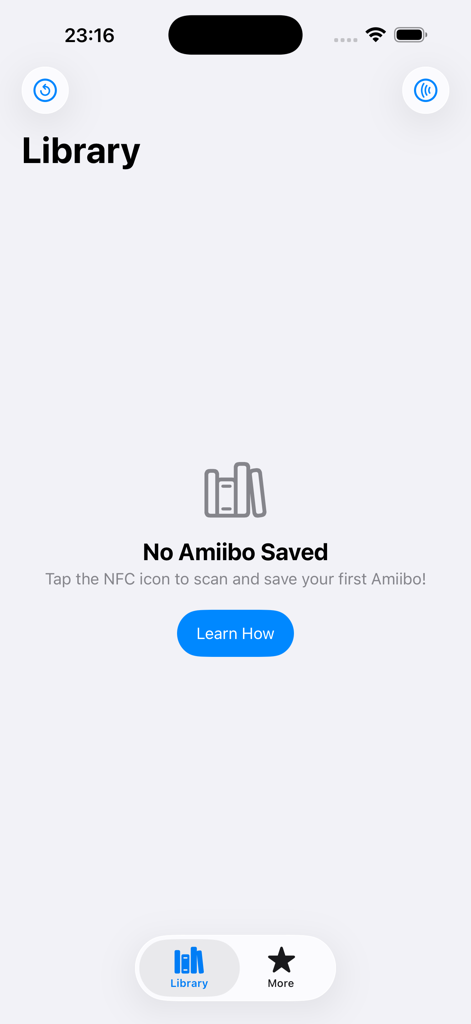 Amiibomb - NFC Tool for Amiibo - Empty library screen of the Amiibomb app showing a prompt to scan and save an Amiibo figurine data.