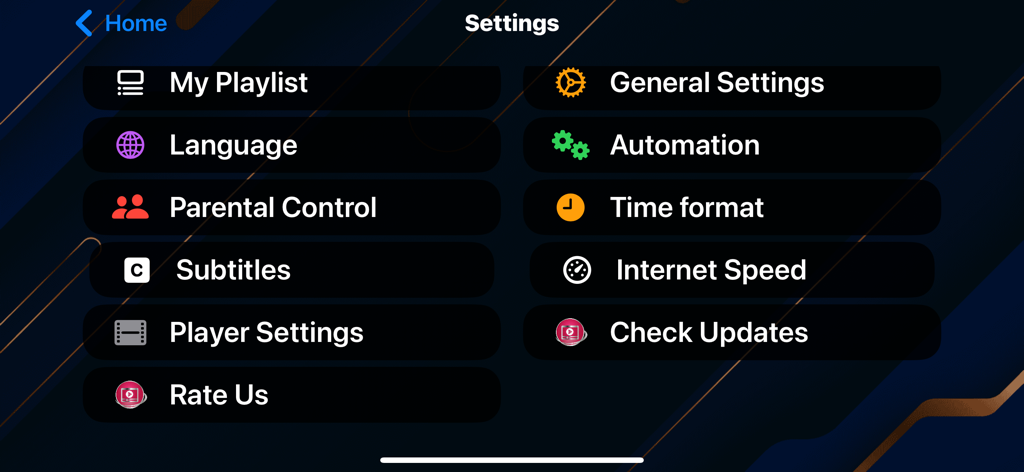 Smart One IPTV Player - Das Einstellungsmenü der Smart One IPTV Player App mit Optionen für Playlists, Sprache, Kindersicherung und Untertitel.