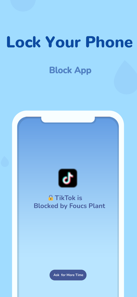 Focus Plant: Forest phone lock - Focus Plant 앱 인터페이스에 집중력과 생산성 향상을 위해 TikTok이 차단된 모습 표시