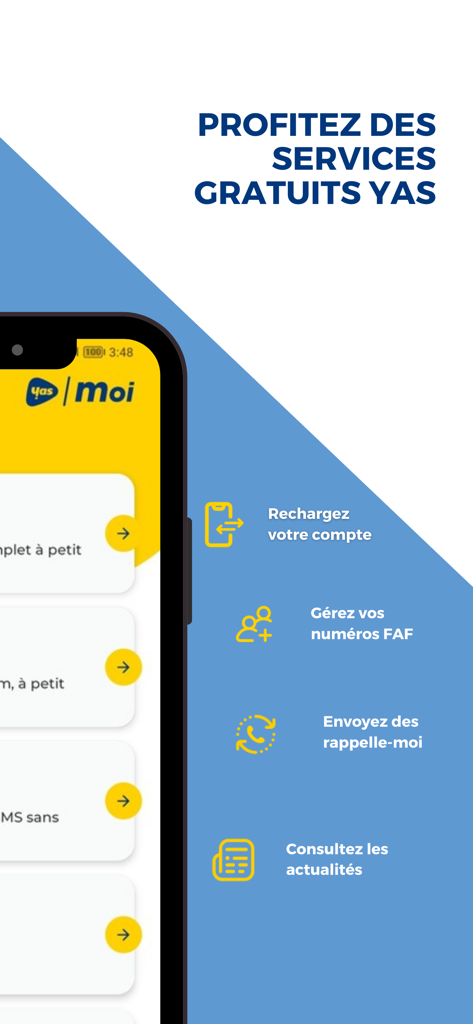 Interface do aplicativo Yas et moi mostrando serviços gratuitos como recarga de conta e gerenciamento de número FAF