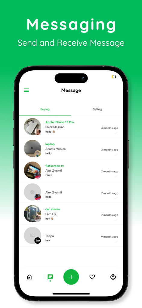 Kurom - In-app messaging screen of the Kurom marketplace showing buyer conversations for electronics and mobile devices.