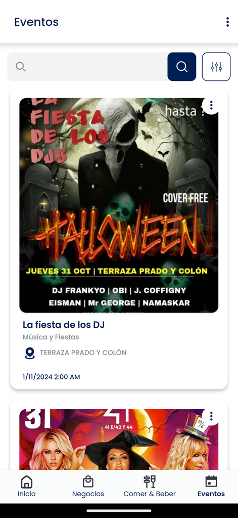 La Lupa App - La Lupa App events section showing a local Halloween party listing with DJ lineup and venue details.
