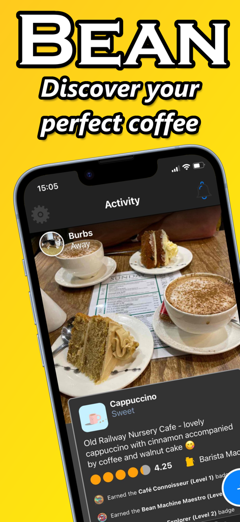 Screenshot of the Bean app showing a user activity feed with coffee reviews and achievement badges.