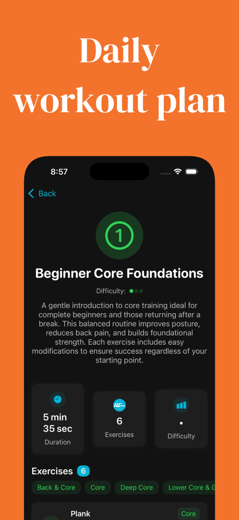 Core30: Abs & Core Workout App - A screen from the Core30 app displaying a 5-minute beginner core foundations workout plan