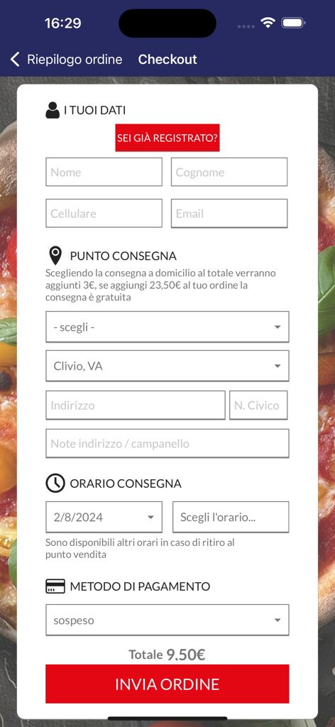 Daddy Pizza - La schermata di checkout dell'app Daddy Pizza con campi per i dettagli di consegna e il pagamento.