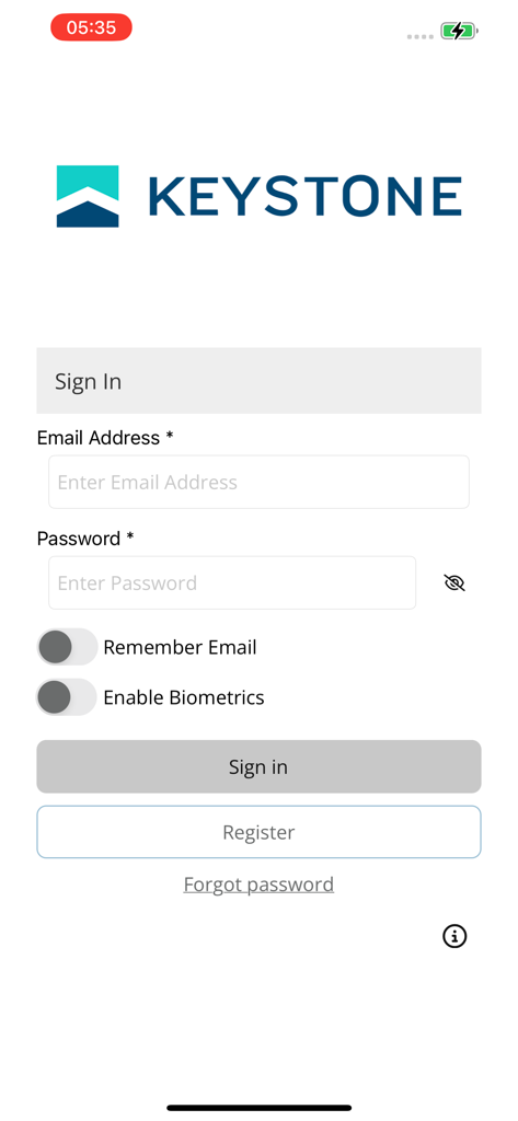 Keystone Connection - Login screen for the Keystone Connection mobile app featuring email and password input fields and biometric sign in options.