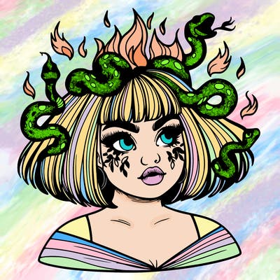 a plus size girl with short hair and snakes coming off her head like medusa, and flames in her eyes, beautiful and realistic