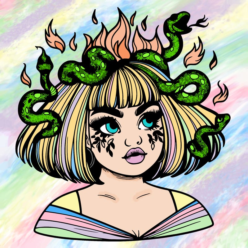 a plus size girl with short hair and snakes coming off her head like medusa, and flames in her eyes, beautiful and realistic