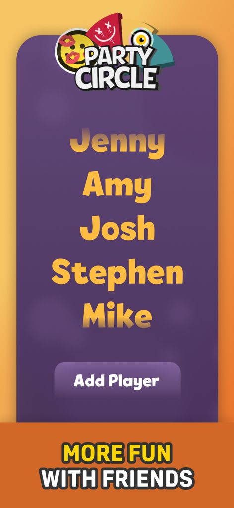 Party Circleアプリの画面。プレイヤーリストと、グループゲームのためのプレイヤー追加ボタンが表示されている。