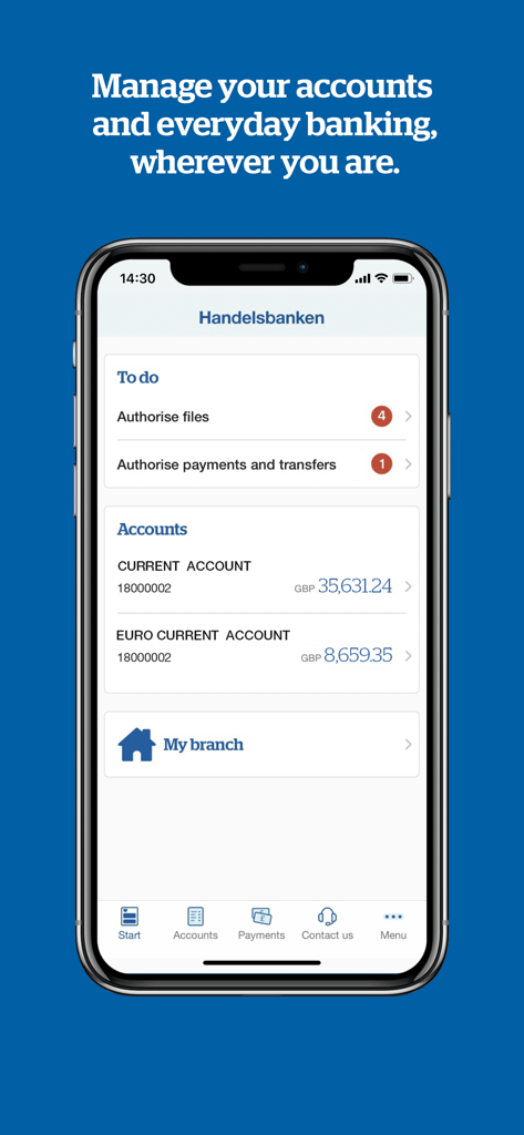 The dashboard of the Handelsbanken UK Corporate app showing account balances and pending payment authorizations.