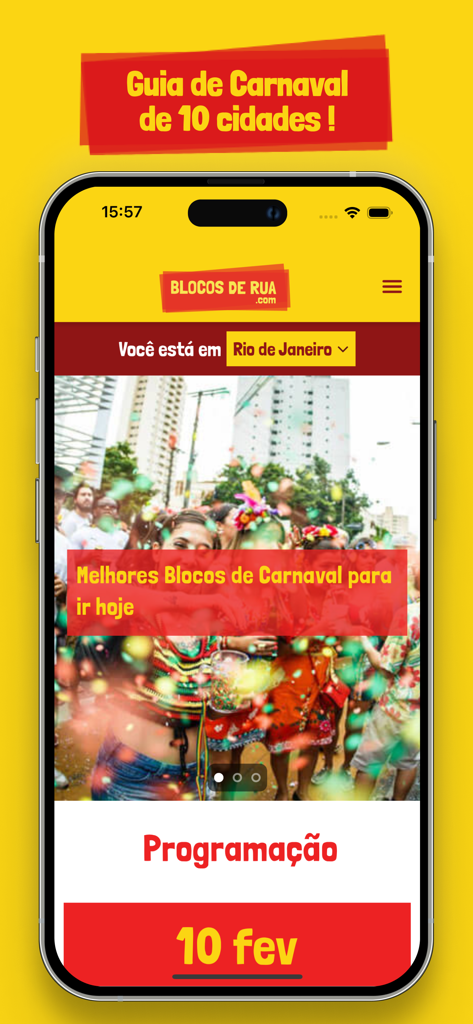 Blocos de Rua - Carnaval 2026 - The Blocos de Rua mobile app interface displaying a street carnival guide for Rio de Janeiro with a schedule for February 10th.