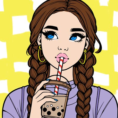 realistic girl with braided hair drinking boba