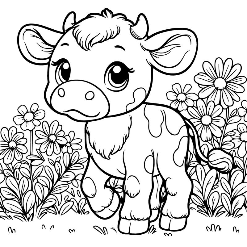 baby cow in a field of flowers