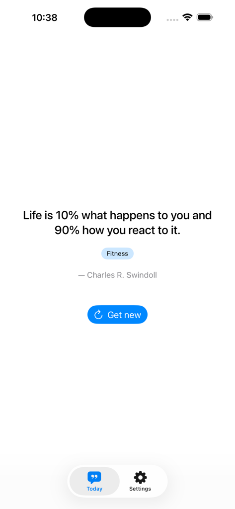 Motivation Quote app display showing a fitness-related quote by Charles R. Swindoll on a minimalist white background