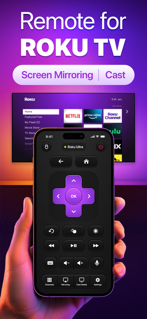 TV Remote for Roku Devices - Une personne tenant un smartphone affichant l'interface de l'application de télécommande TV Roku avec des options de diffusion et de mise en miroir.