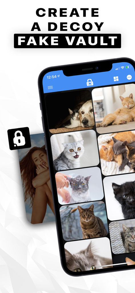 LockMyPix Secret Photo Vault - Smartphone screen showing the LockMyPix decoy vault feature with a gallery of cat photos to hide private content.