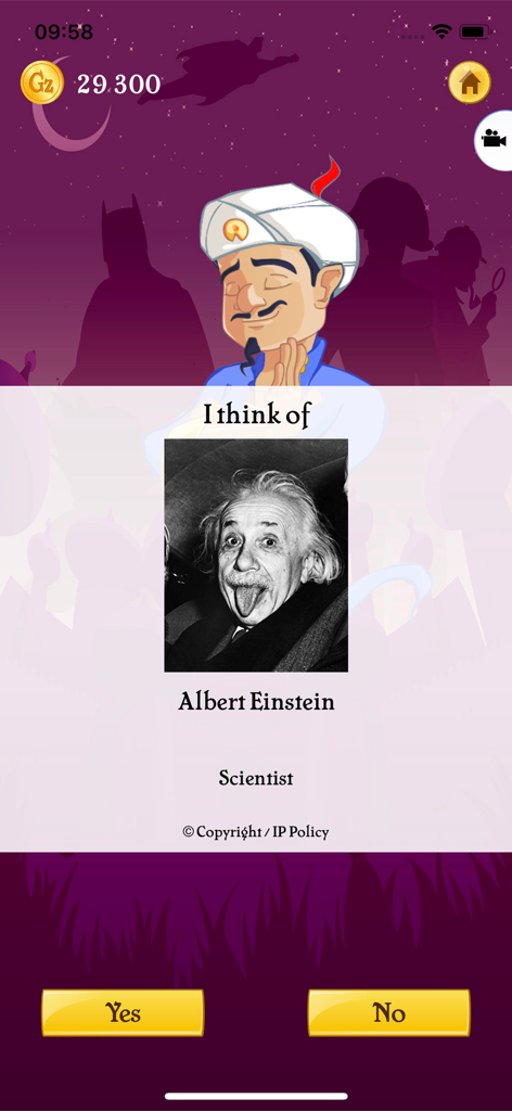 The Akinator genie successfully guessing Albert Einstein