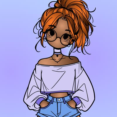 girl with a messy ponytail glasses a baggy crop top and jean shorts