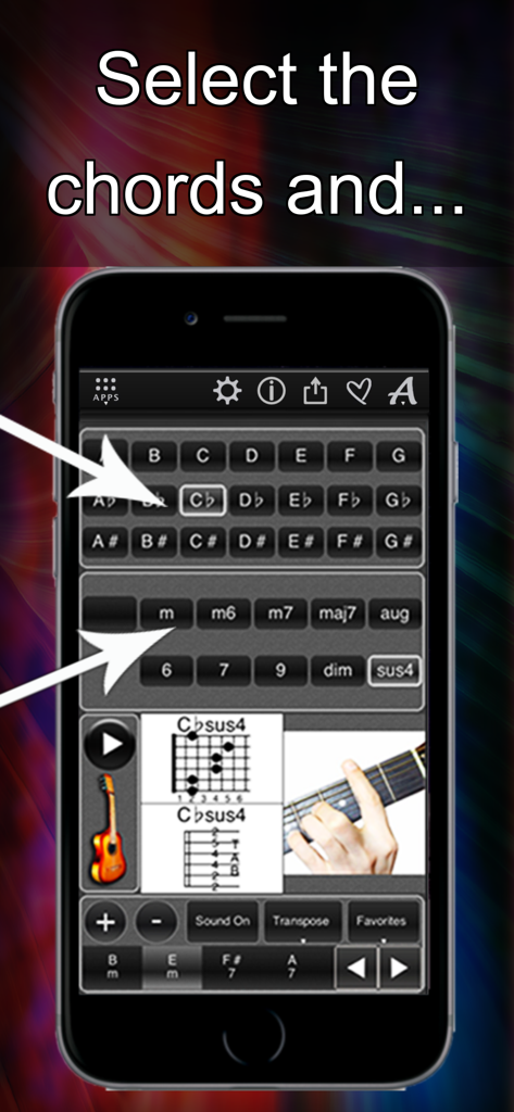 120 Guitar Chords - Interfaz de selección de acordes de guitarra con diagramas y fotos de posiciones de manos