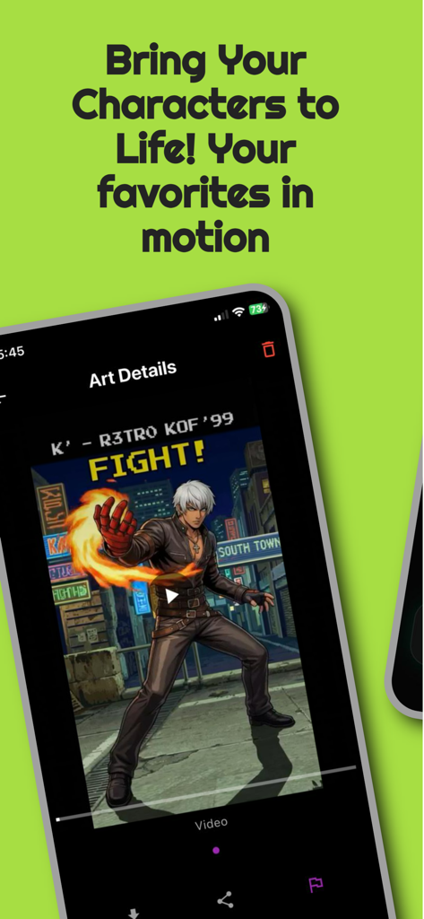 Animoon app interface showing an AI-generated animated anime character in a city setting