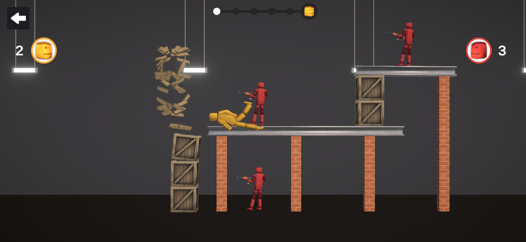 A 3D physics sandbox scene featuring red and yellow ragdoll characters and destructible environments