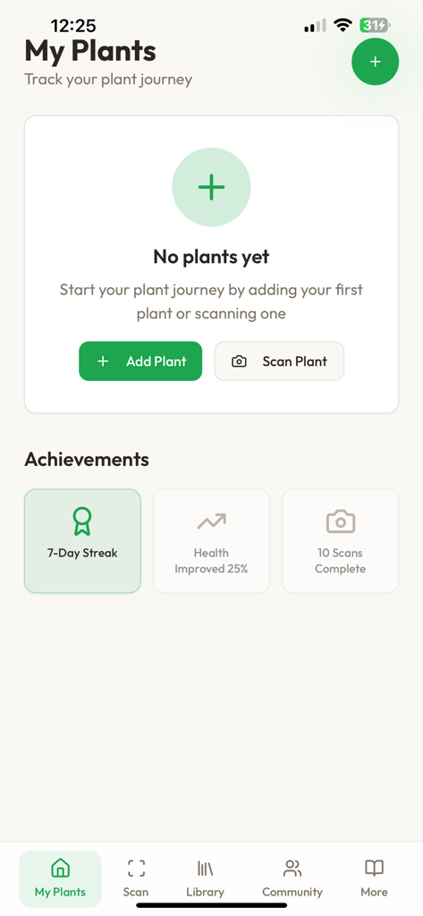 Plant Doctor – Plant Scanner - La schermata principale dell'app Plant Doctor che mostra la dashboard Le Mie Piante e i badge di successo per la cura delle piante.