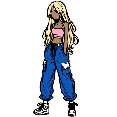 girl in baggy pants crop top and long hair