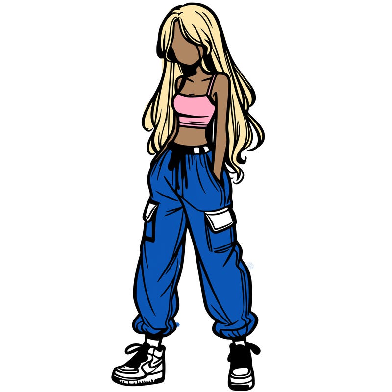 girl in baggy pants crop top and long hair